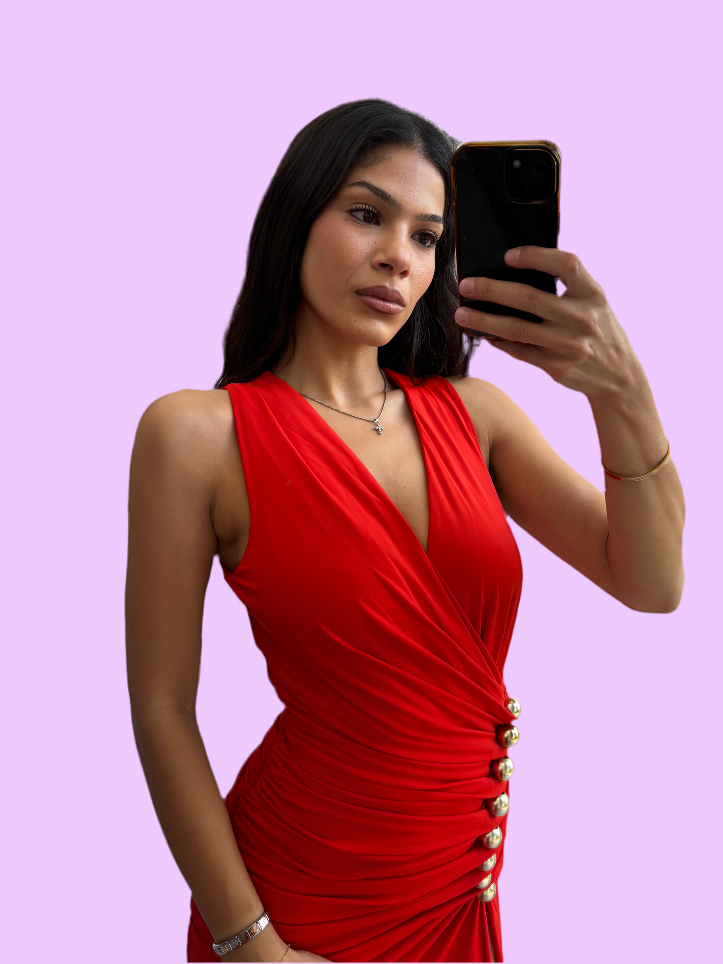 Red long dress with gathering