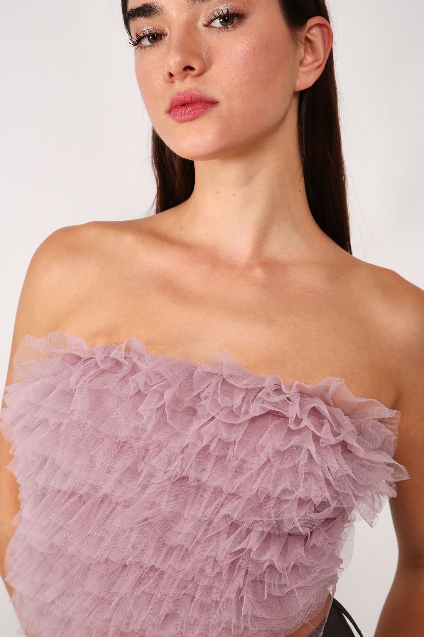 Solid-colour tulle-look crop top with ruffles