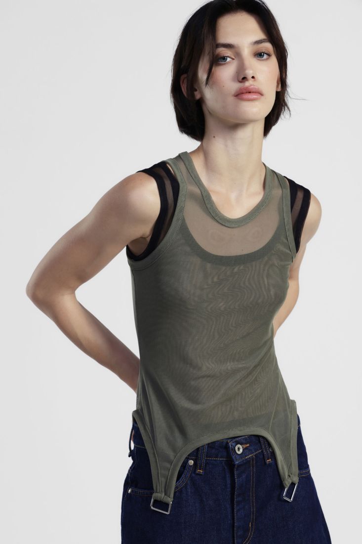 Bodysuit with transparent inserts and metallic details