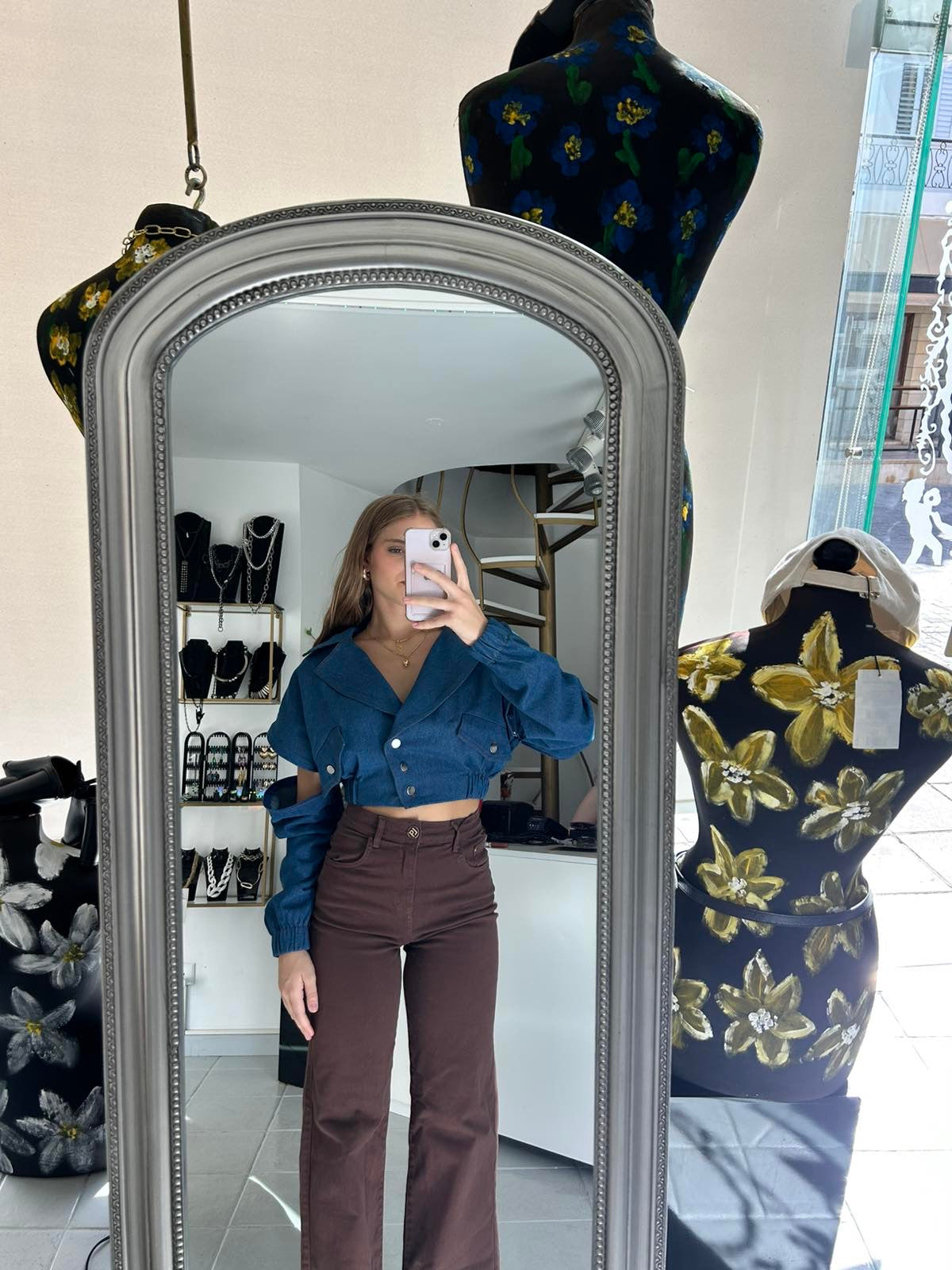 Brown denim high waist pants