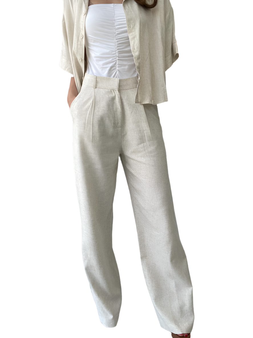 Beige linen wide leg pants