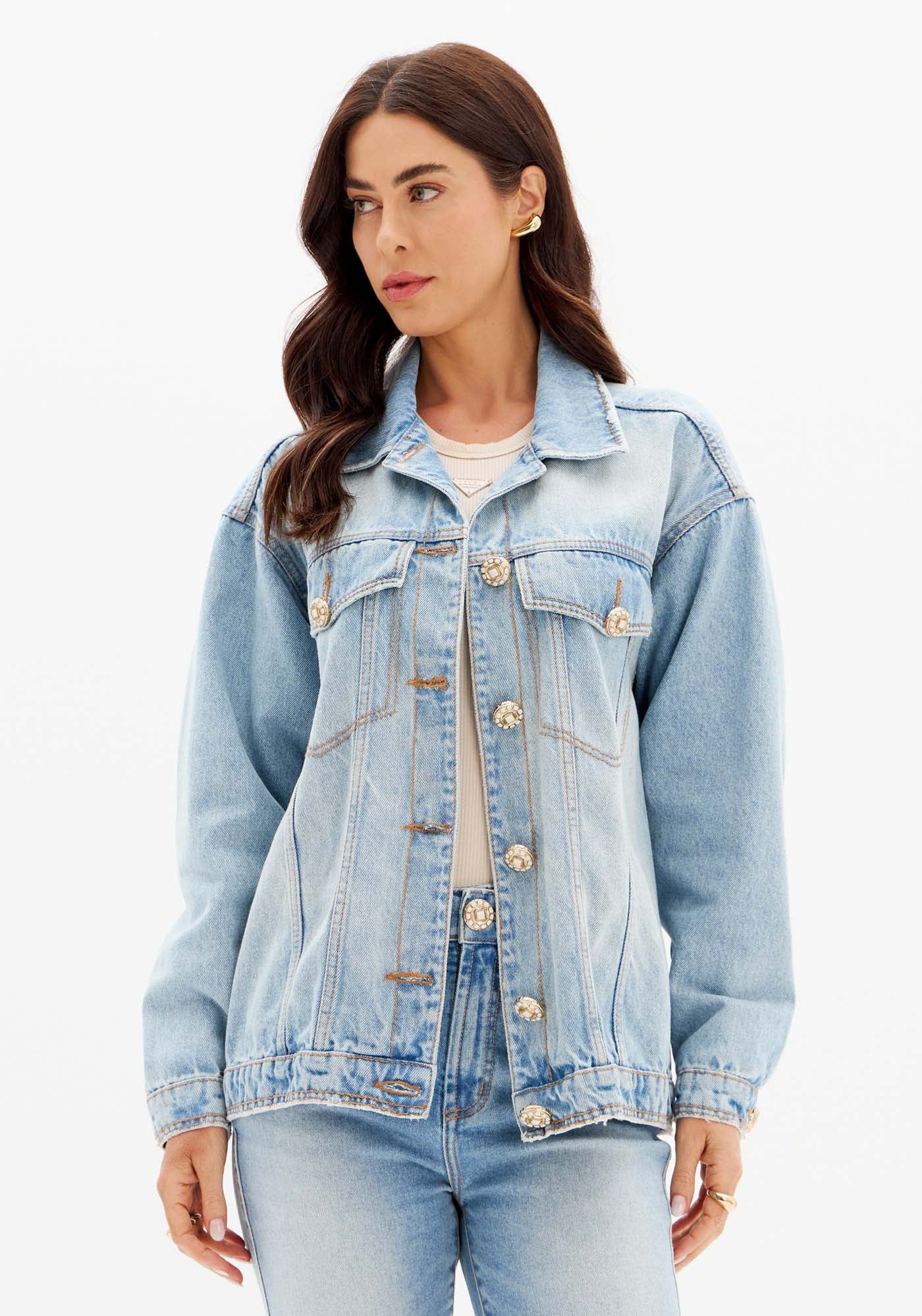 Denim long jacket with crystals