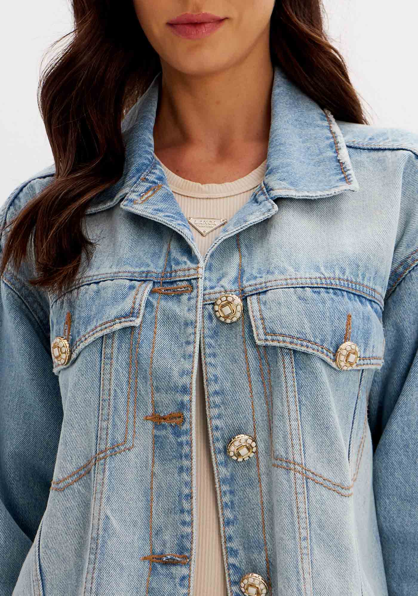 Denim long jacket with crystals