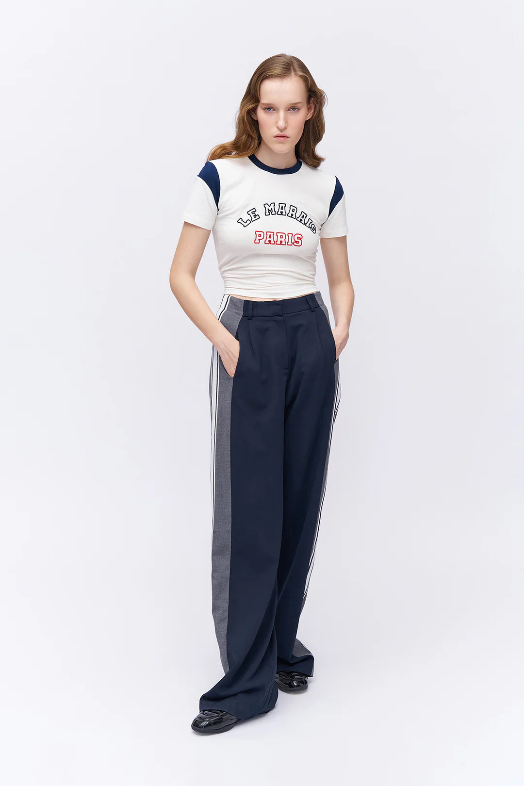 Blue highwaisted pants with stripe on the side