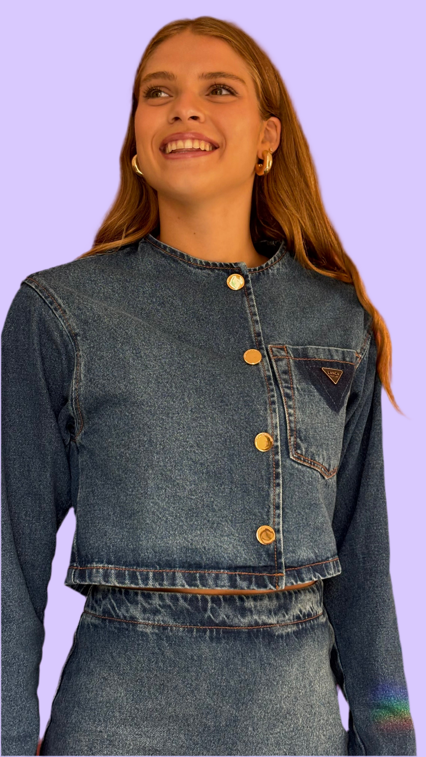 Waistlong, round neck denim jacket