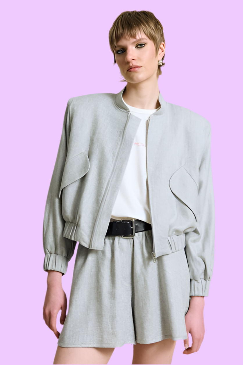 Gray cotton-linen bomber