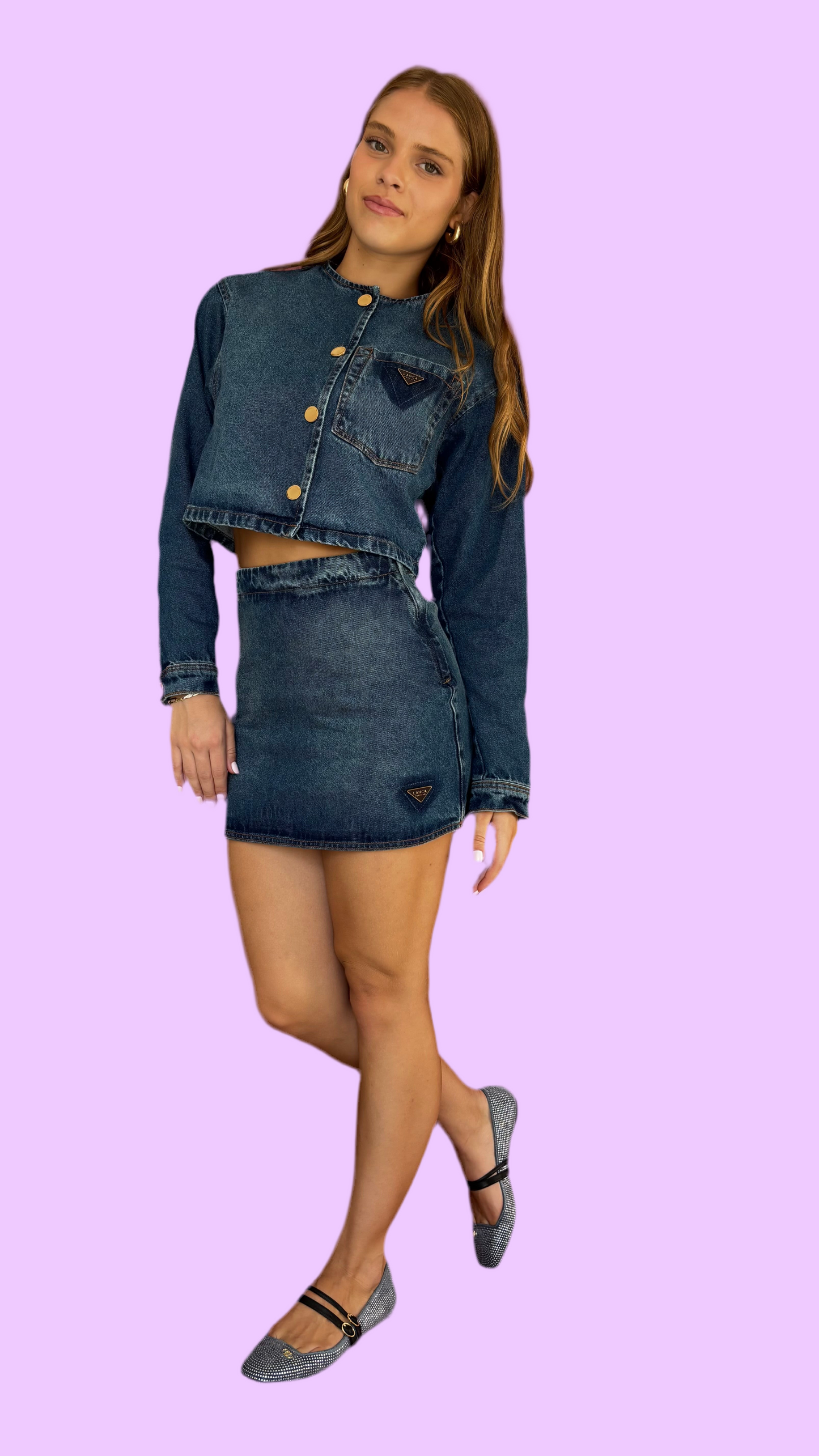Waistlong, round neck denim jacket