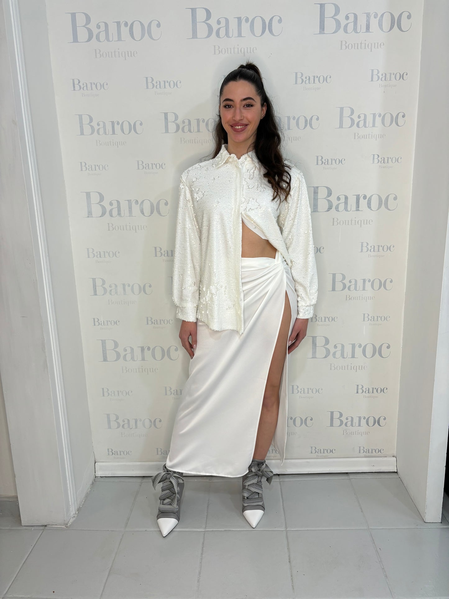 Satin long skirt with a knot
