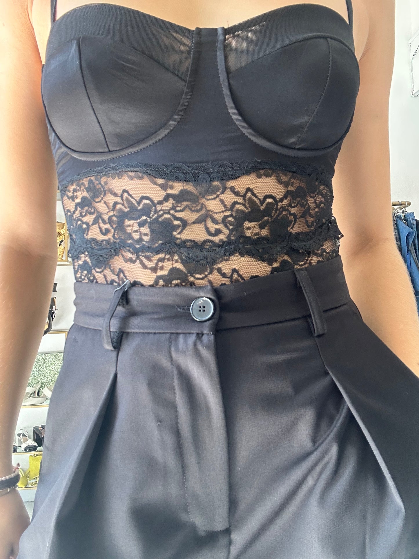 Black satin and lace bodysuit