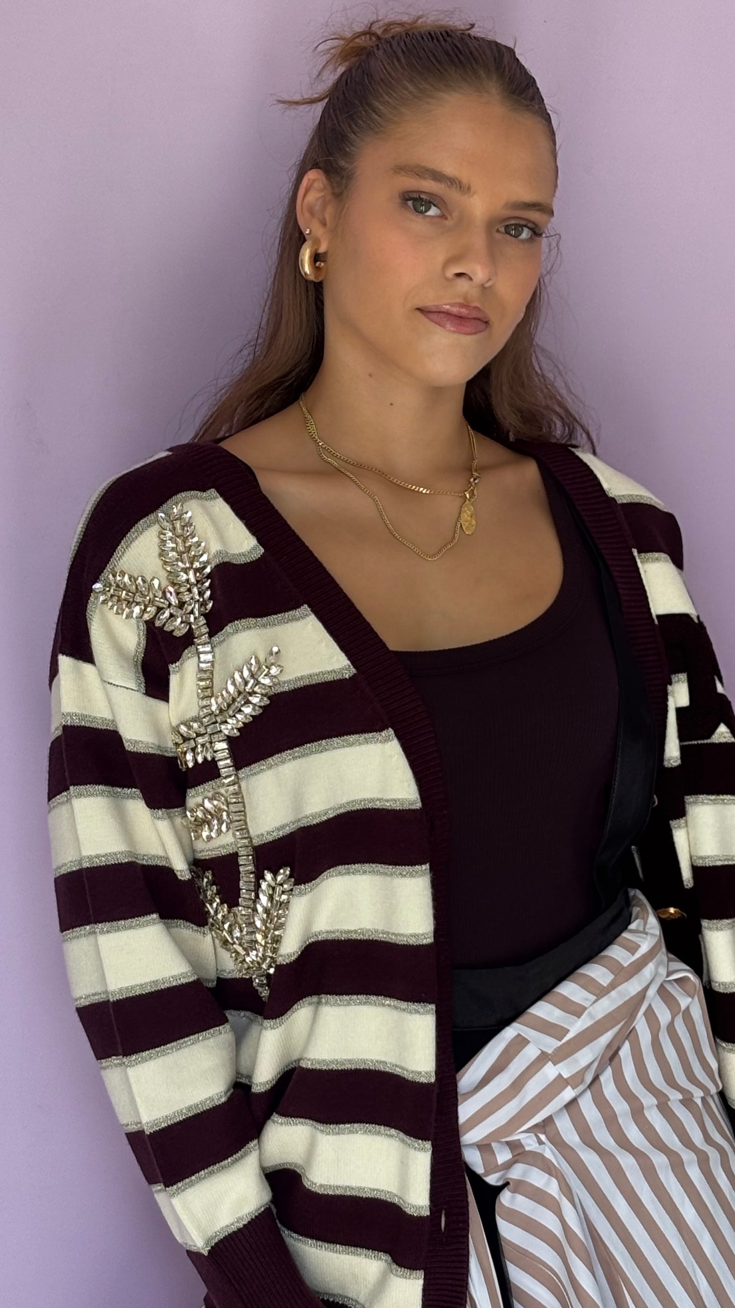 Striped long Cardigan with rhinestones