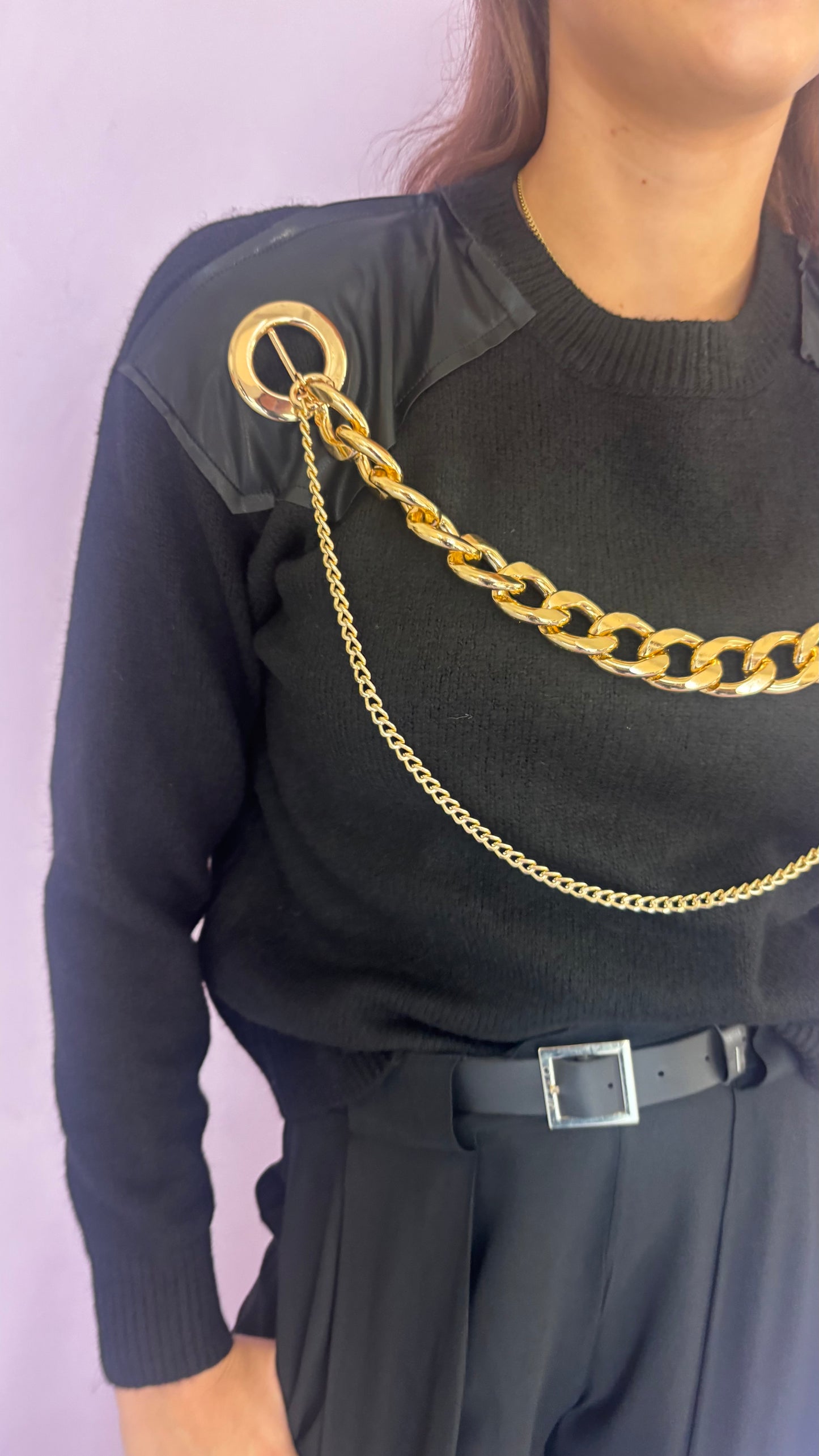 Black knit sweater with chain