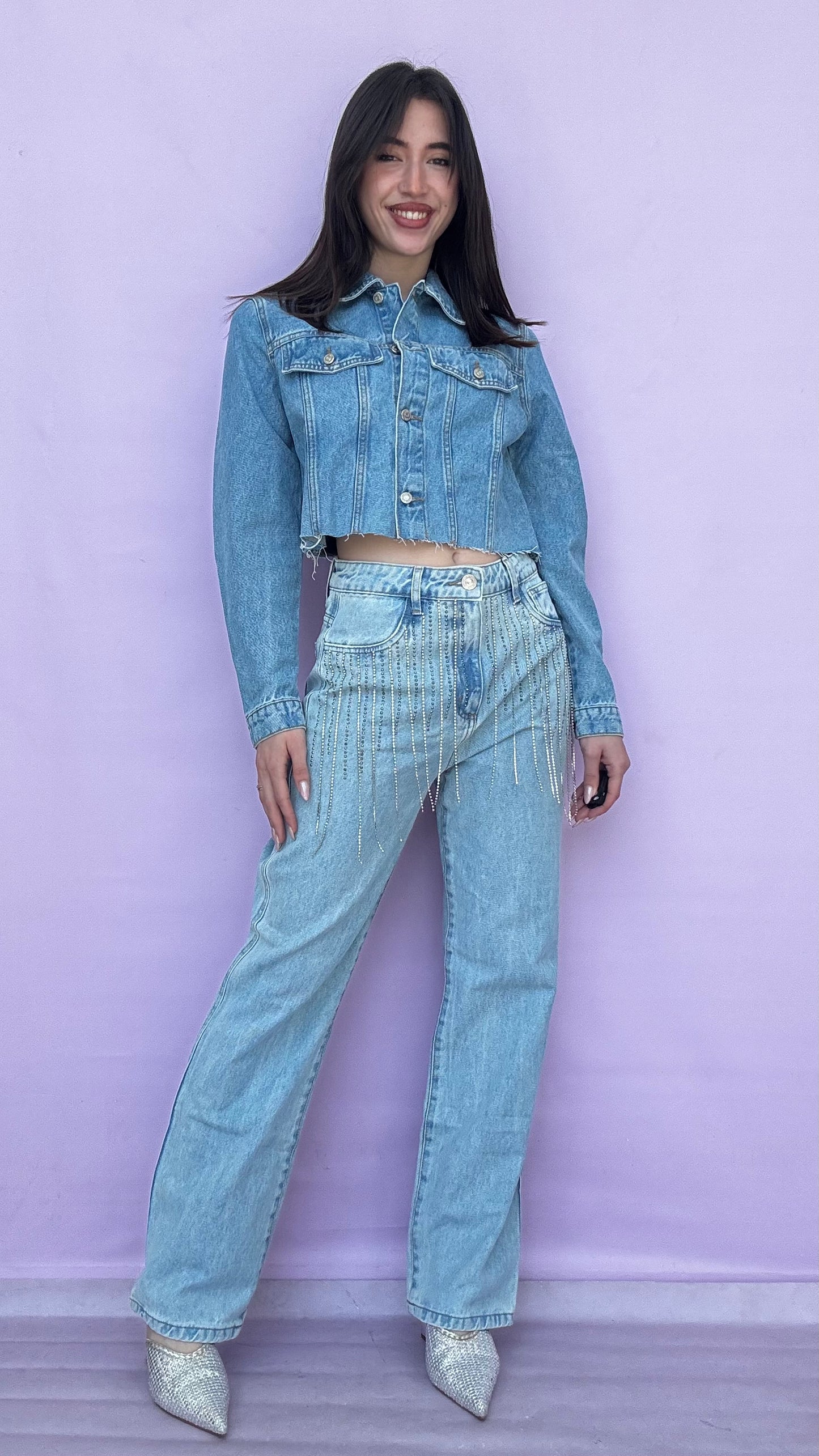 Jean trouser with rhinestone chains on the front