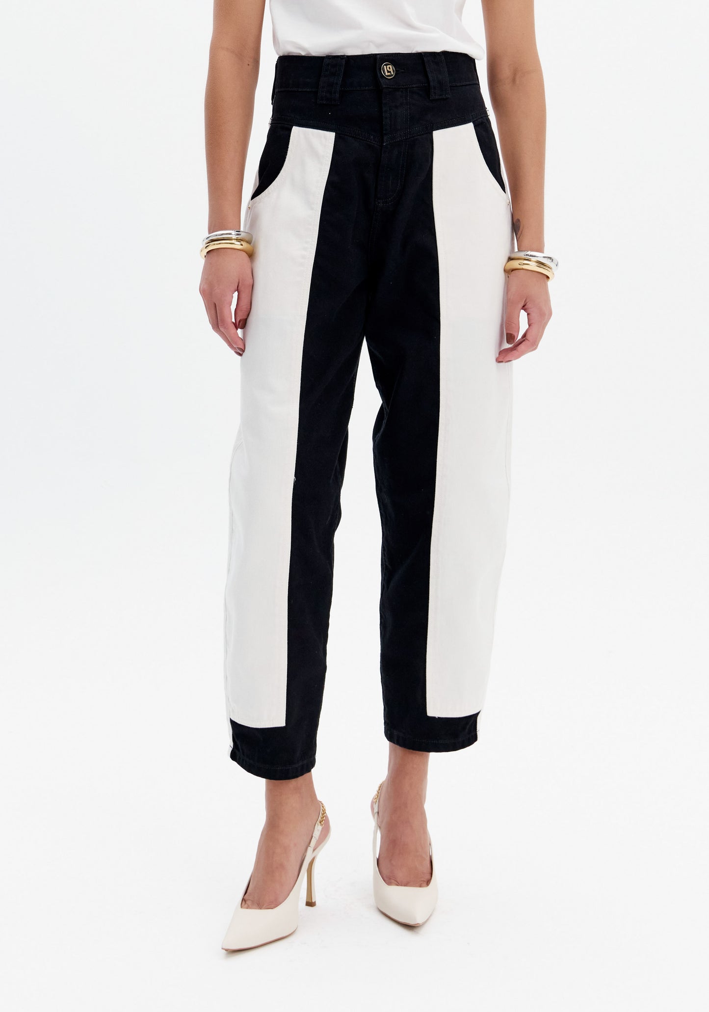 Black and white barrel pants
