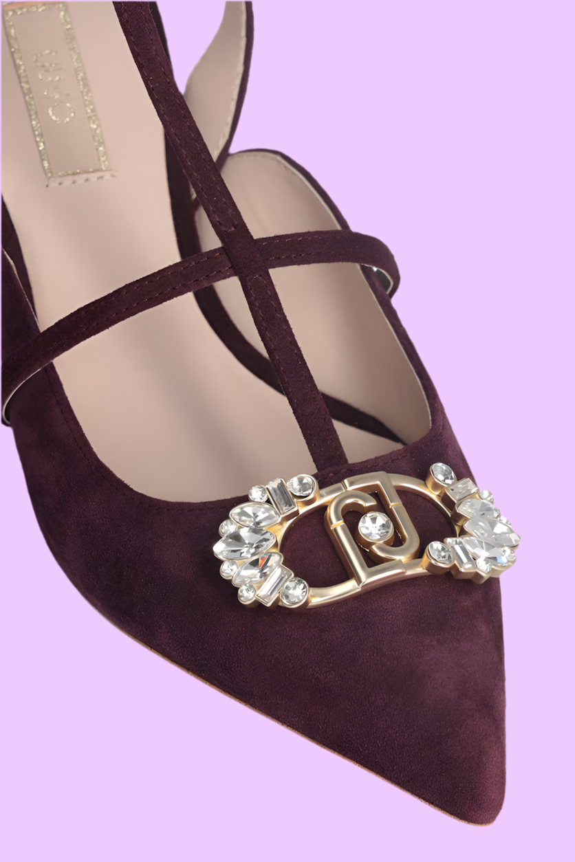 Slingback shoes with bejeweled logo