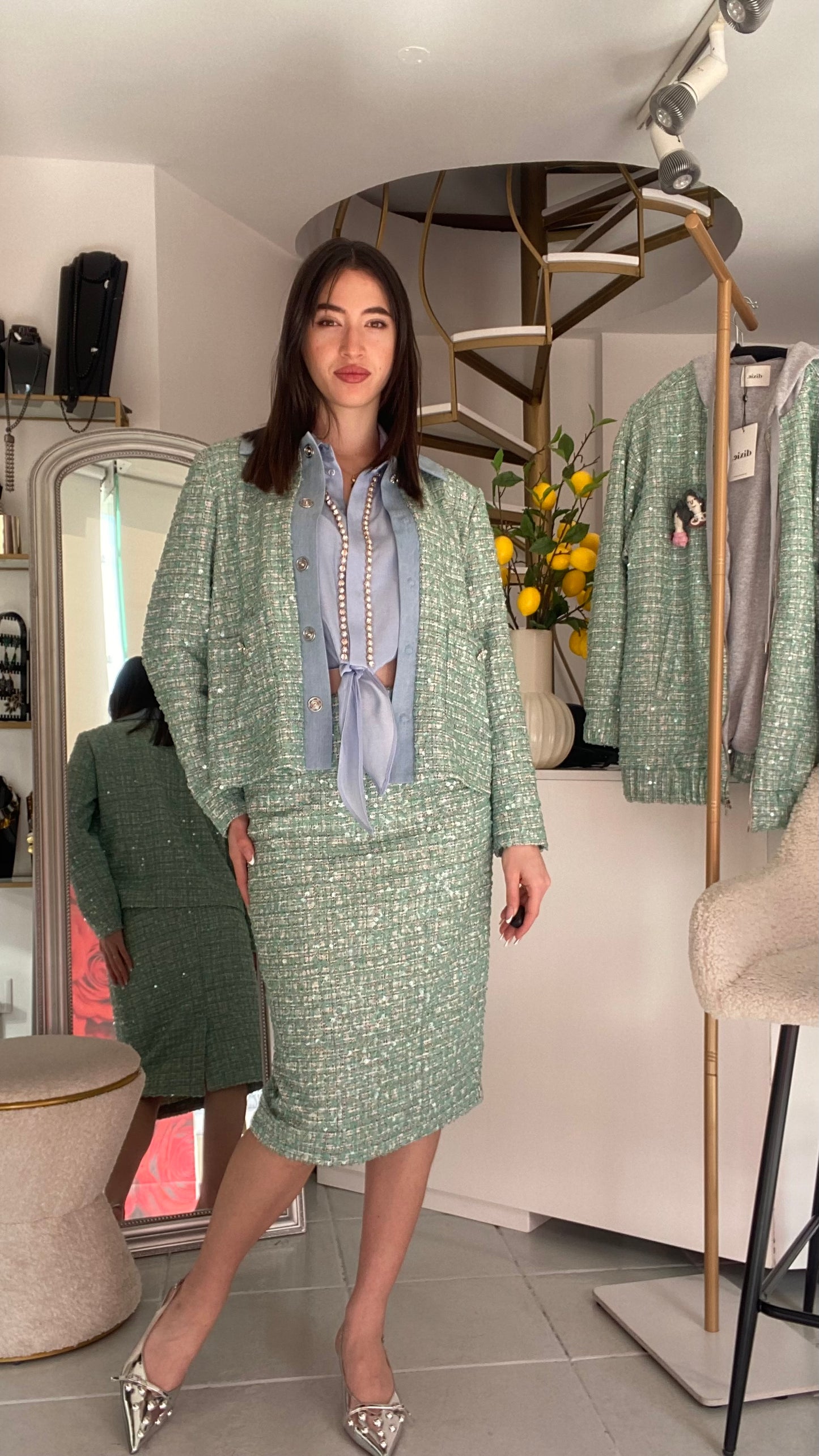 Tweed waist long blazer