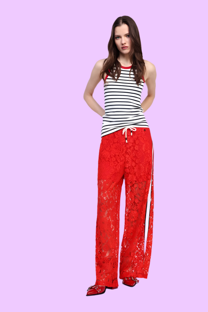 Wide-leg lace pants with side band