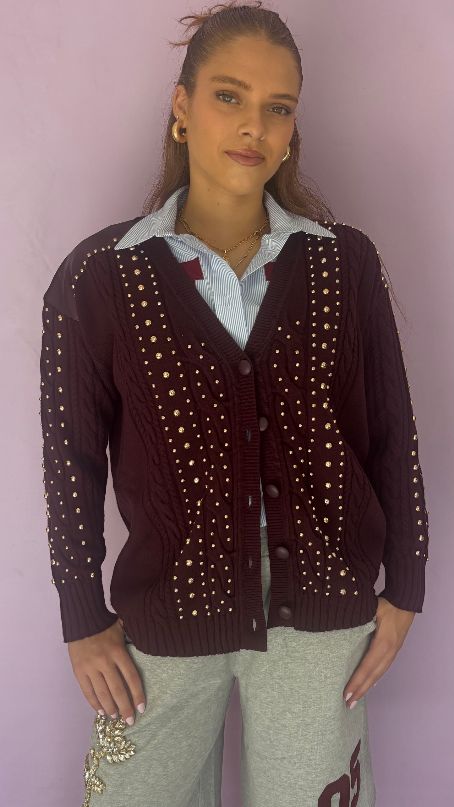 Burgundy cardigan with studs