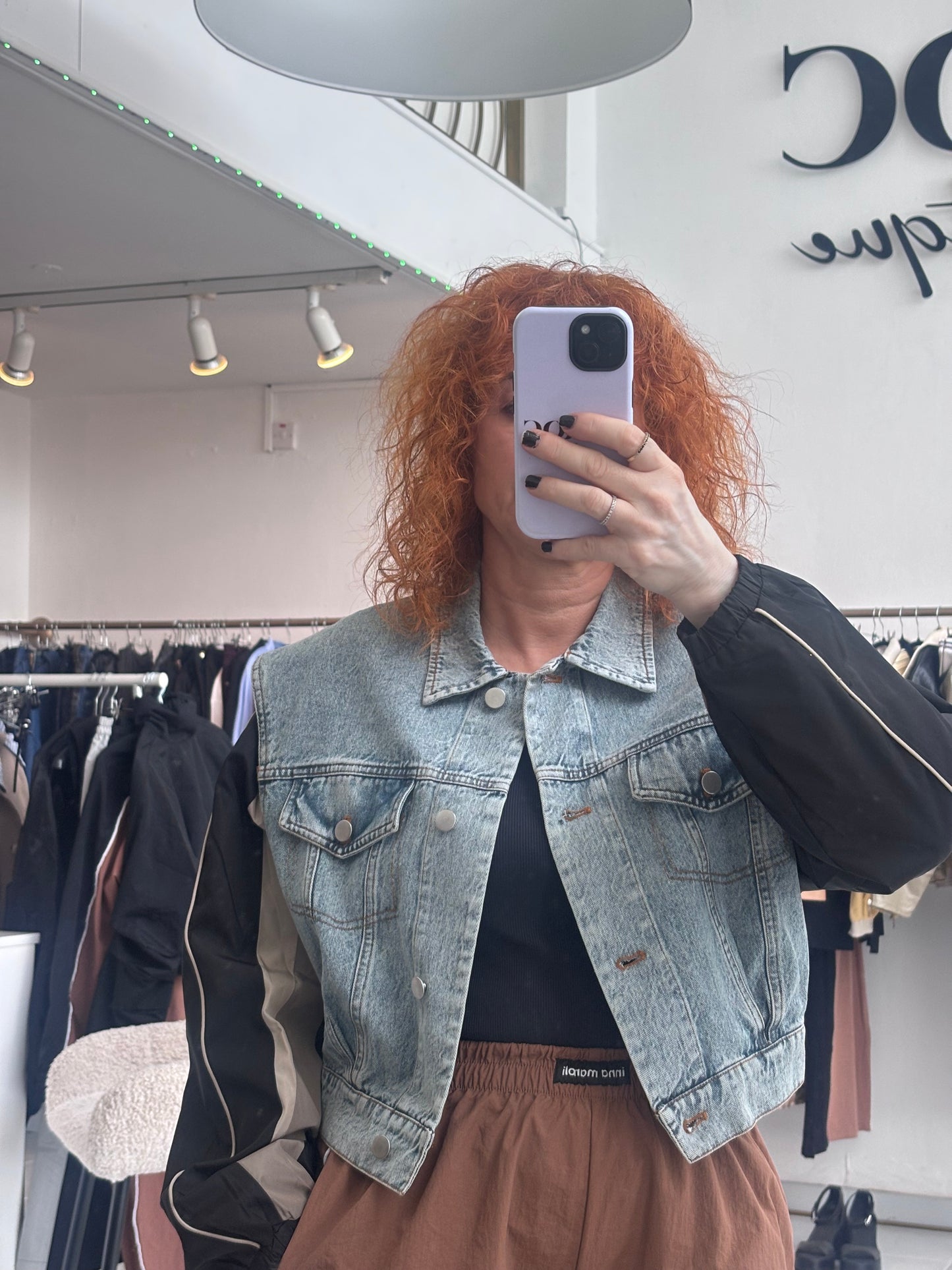 Short denim jacket with taffeta sleeves