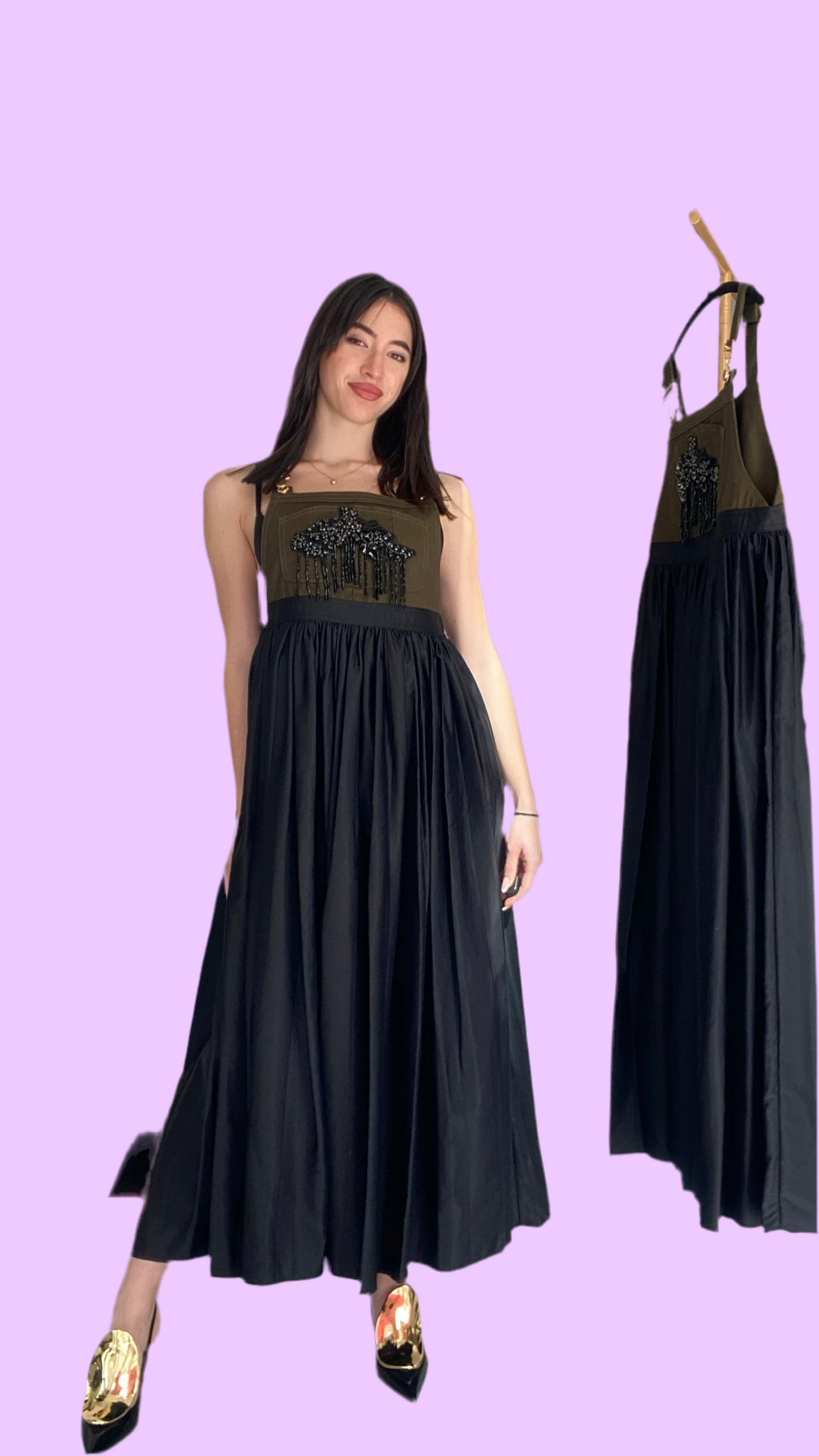Long dress with denim top and plisse skirt