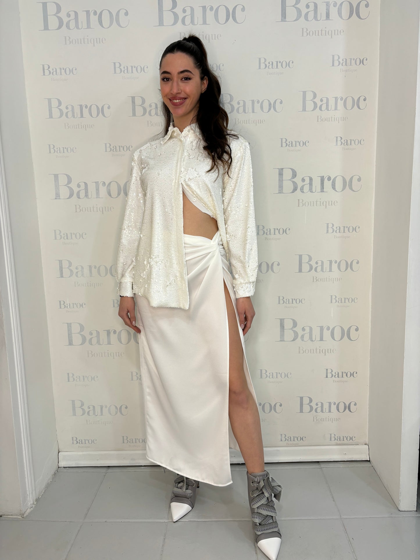 Satin long skirt with a knot