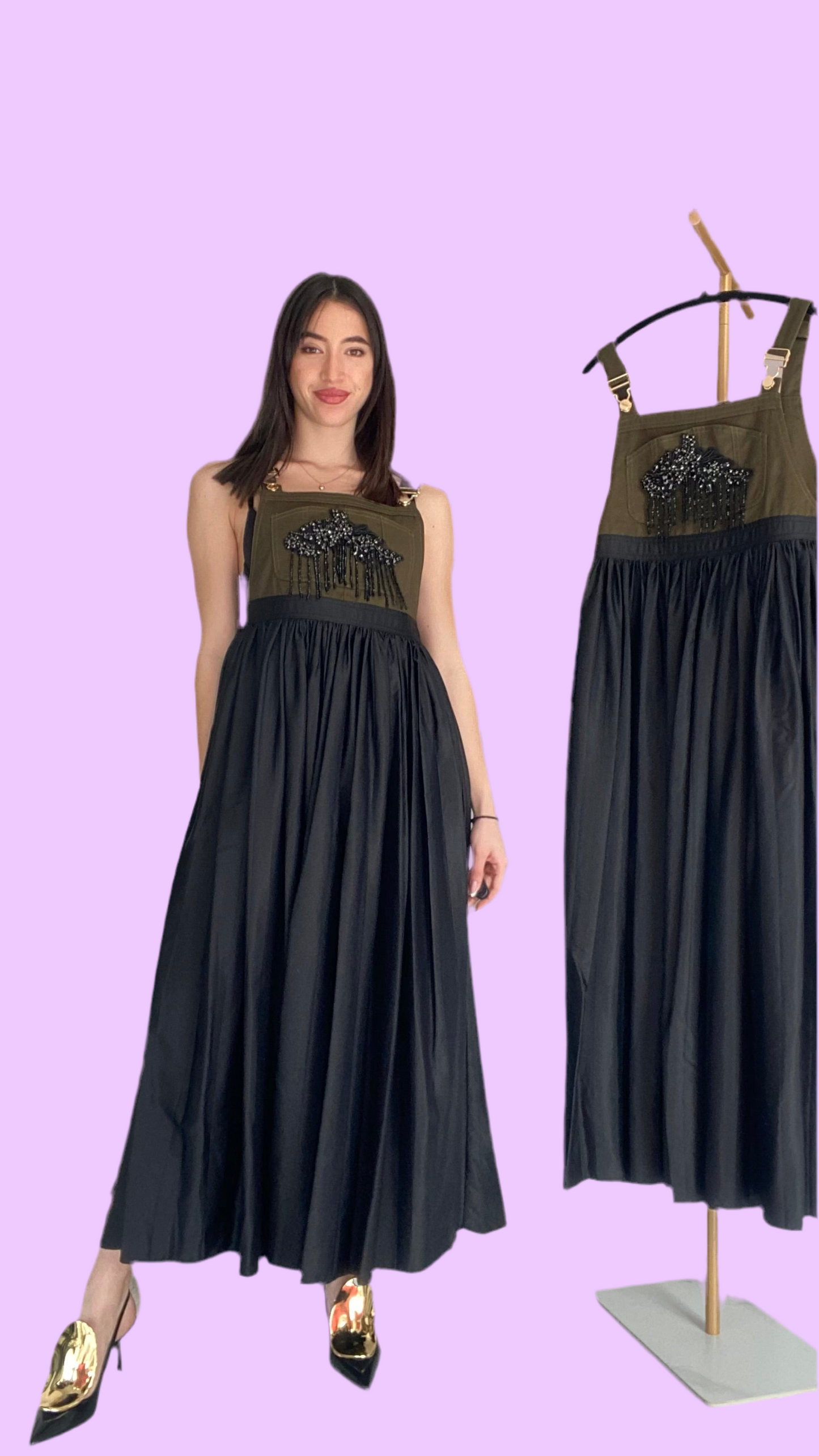 Long dress with denim top and plisse skirt