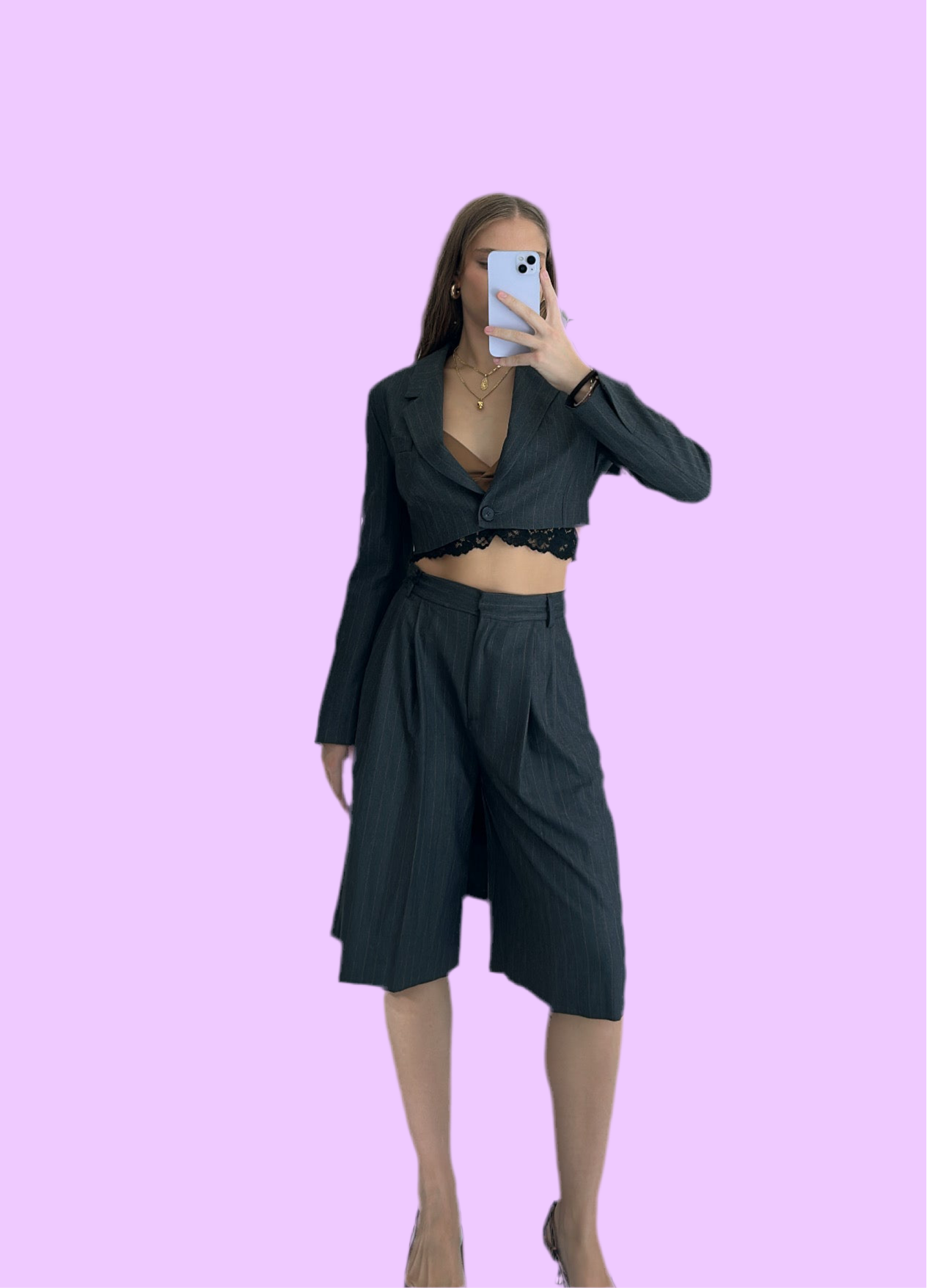 Grey striped below knee bermuda