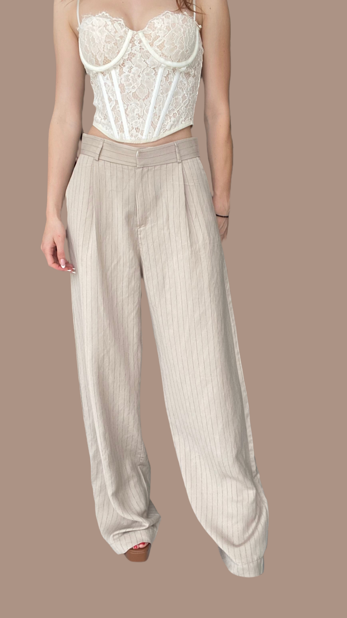 Beige pin stripe straight line trouser