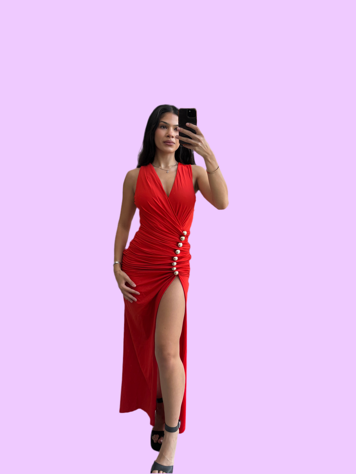 Red long dress with gathering