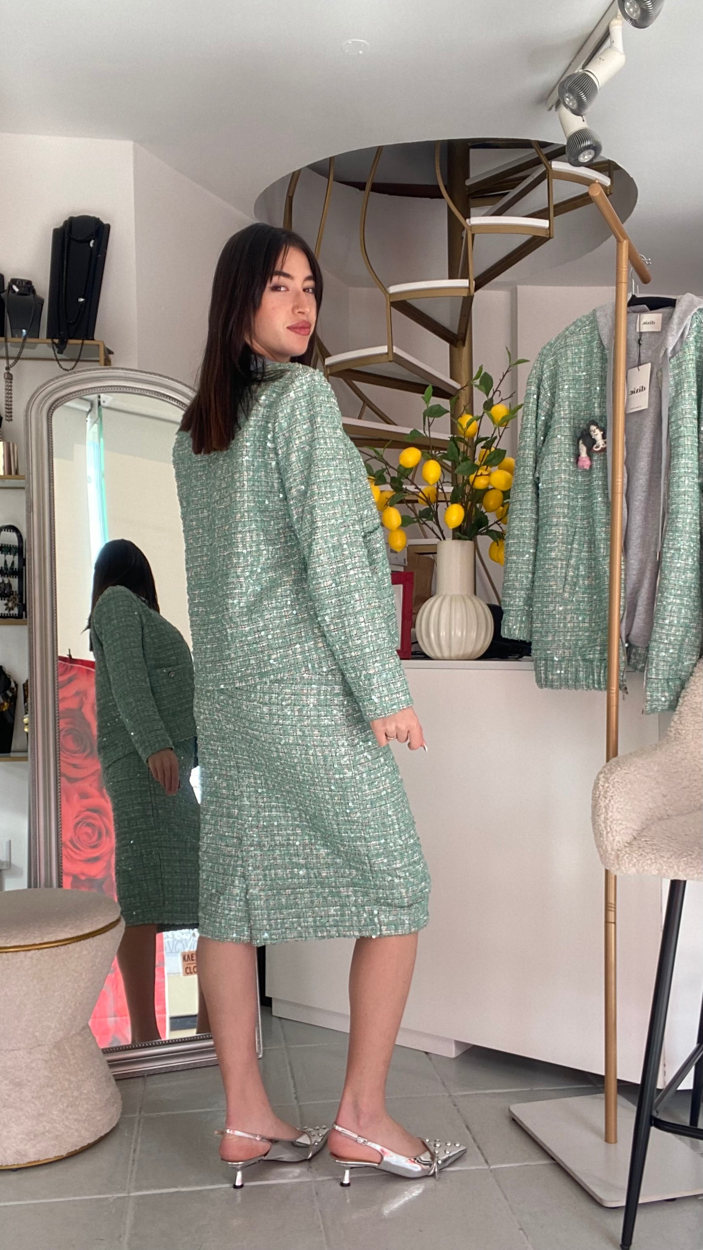 Tweed waist long blazer