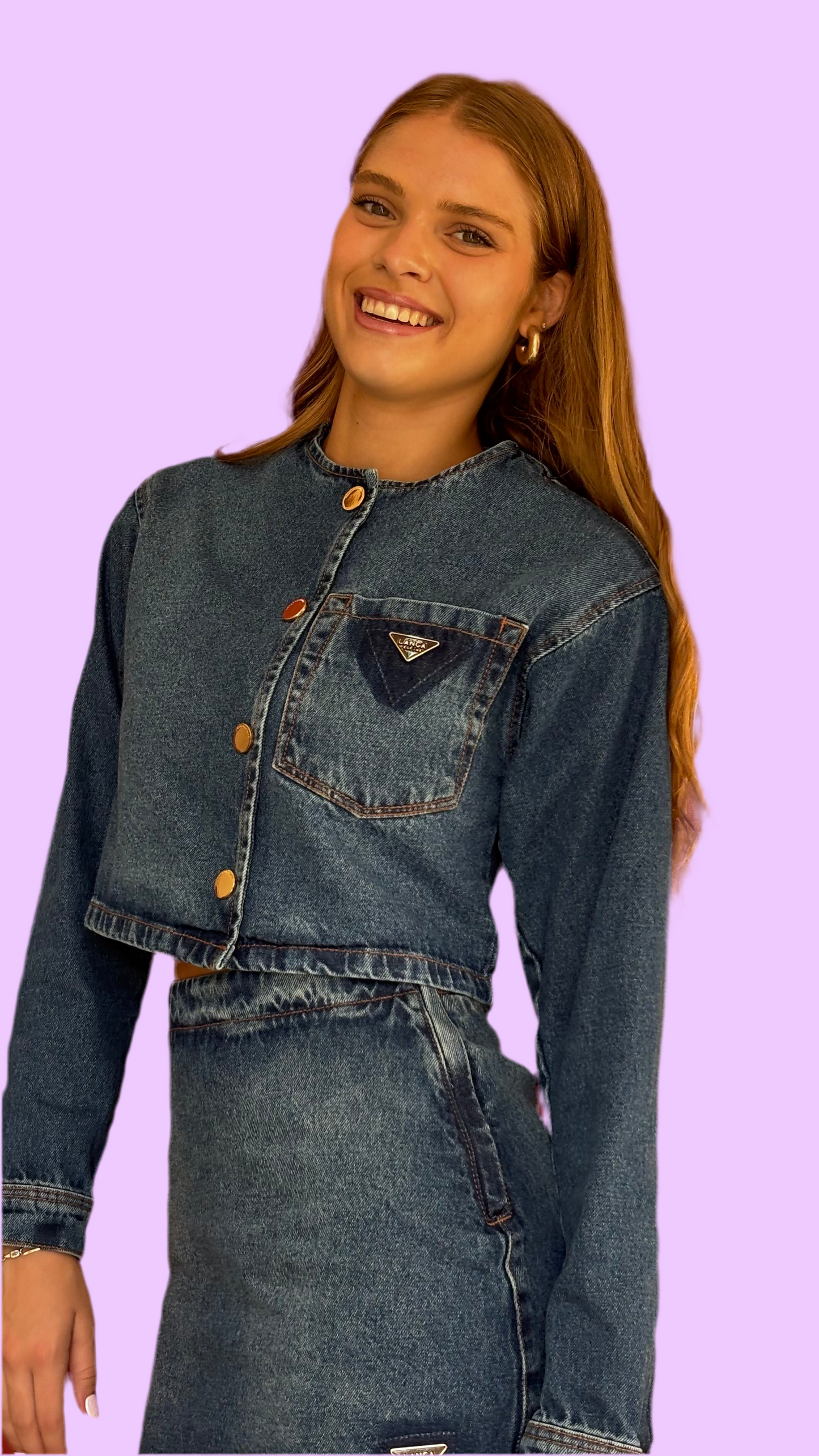 Waistlong, round neck denim jacket