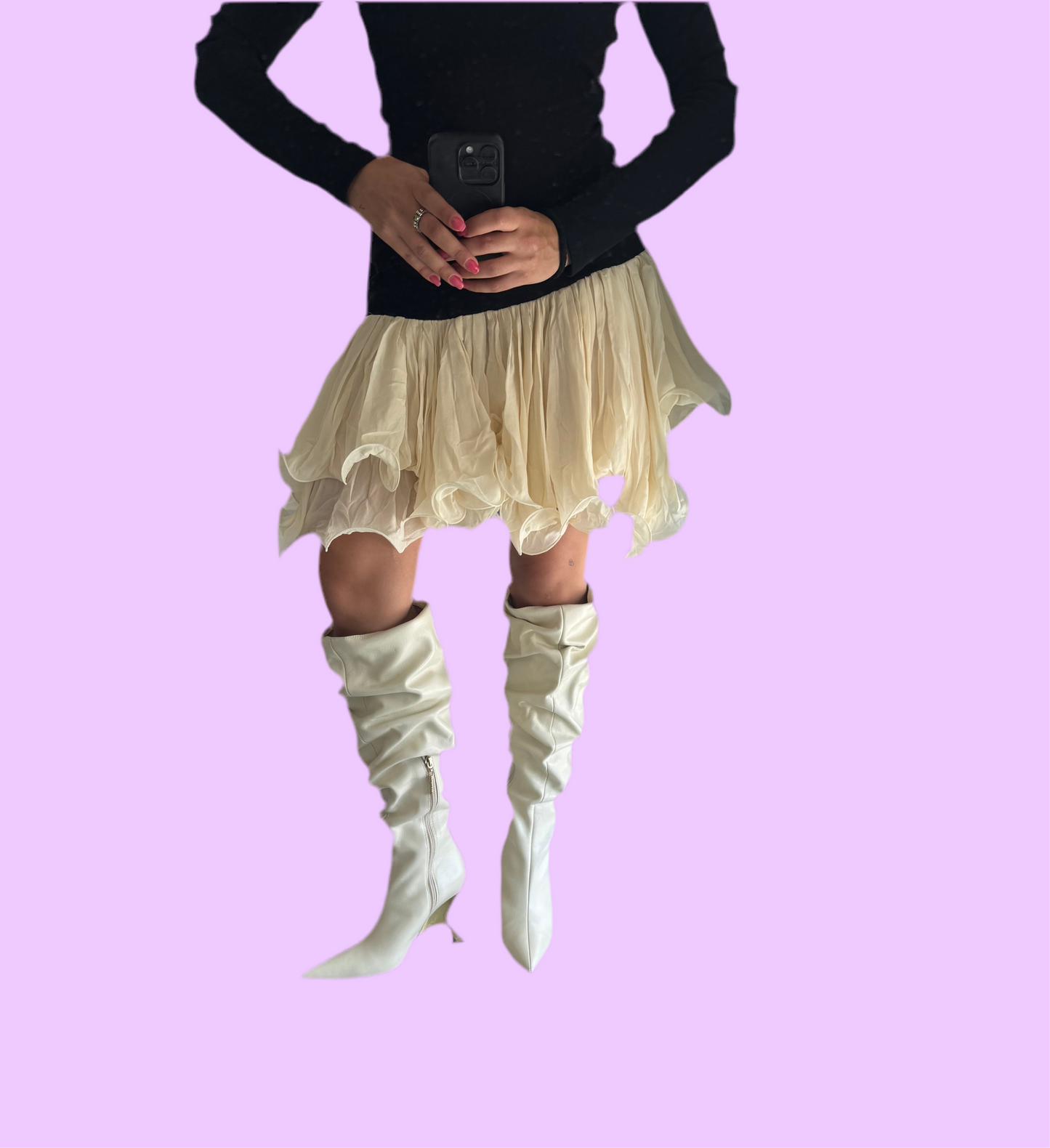 Leather knee boots with gathering