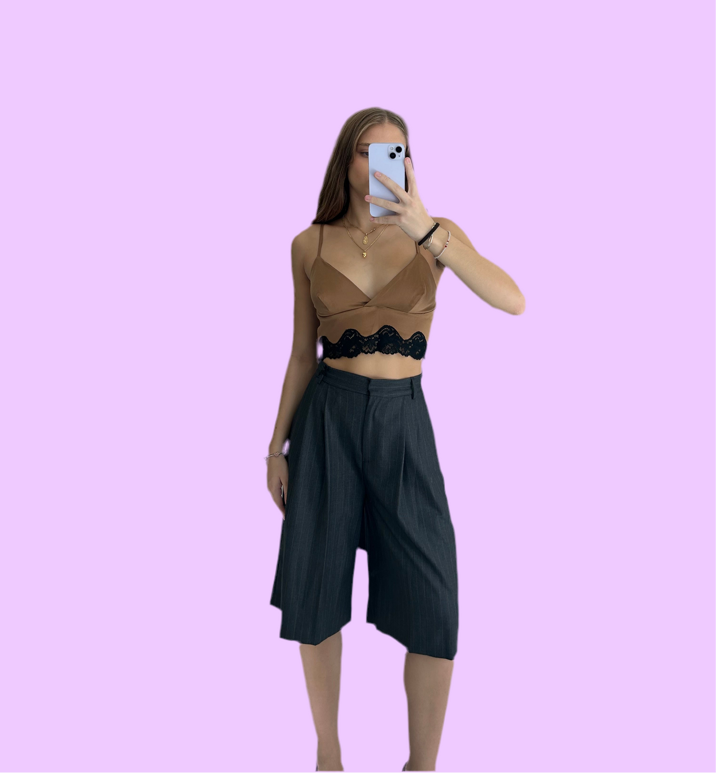 Grey striped below knee bermuda
