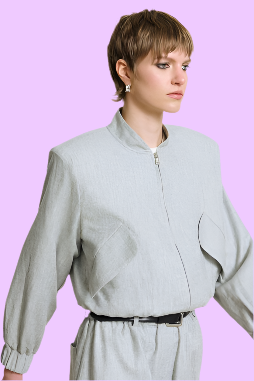 Gray cotton-linen bomber