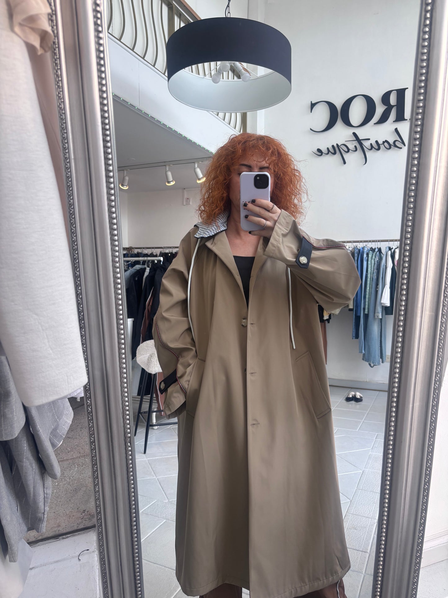 Long beige trench coat with hood