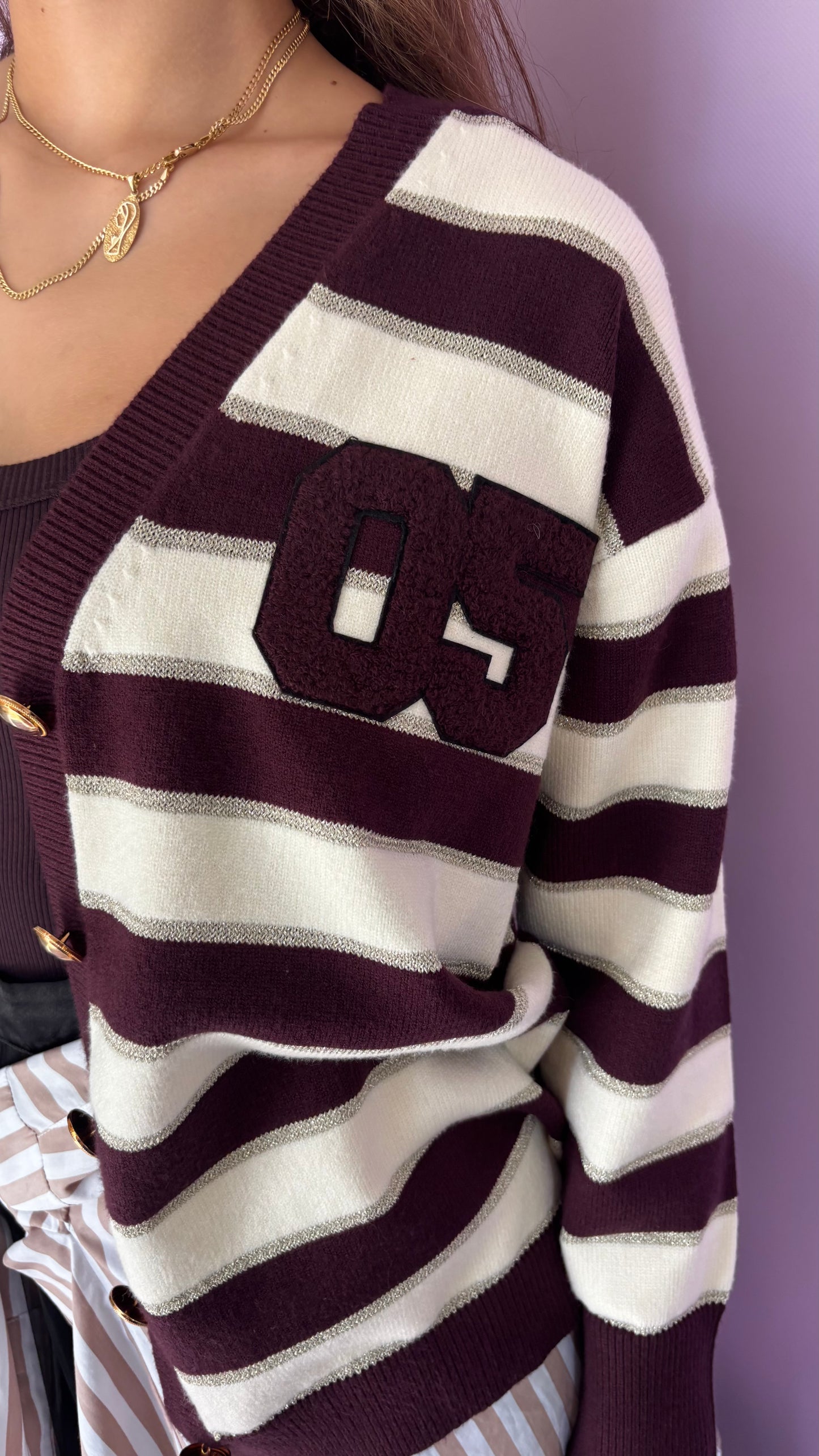 Striped long Cardigan with rhinestones