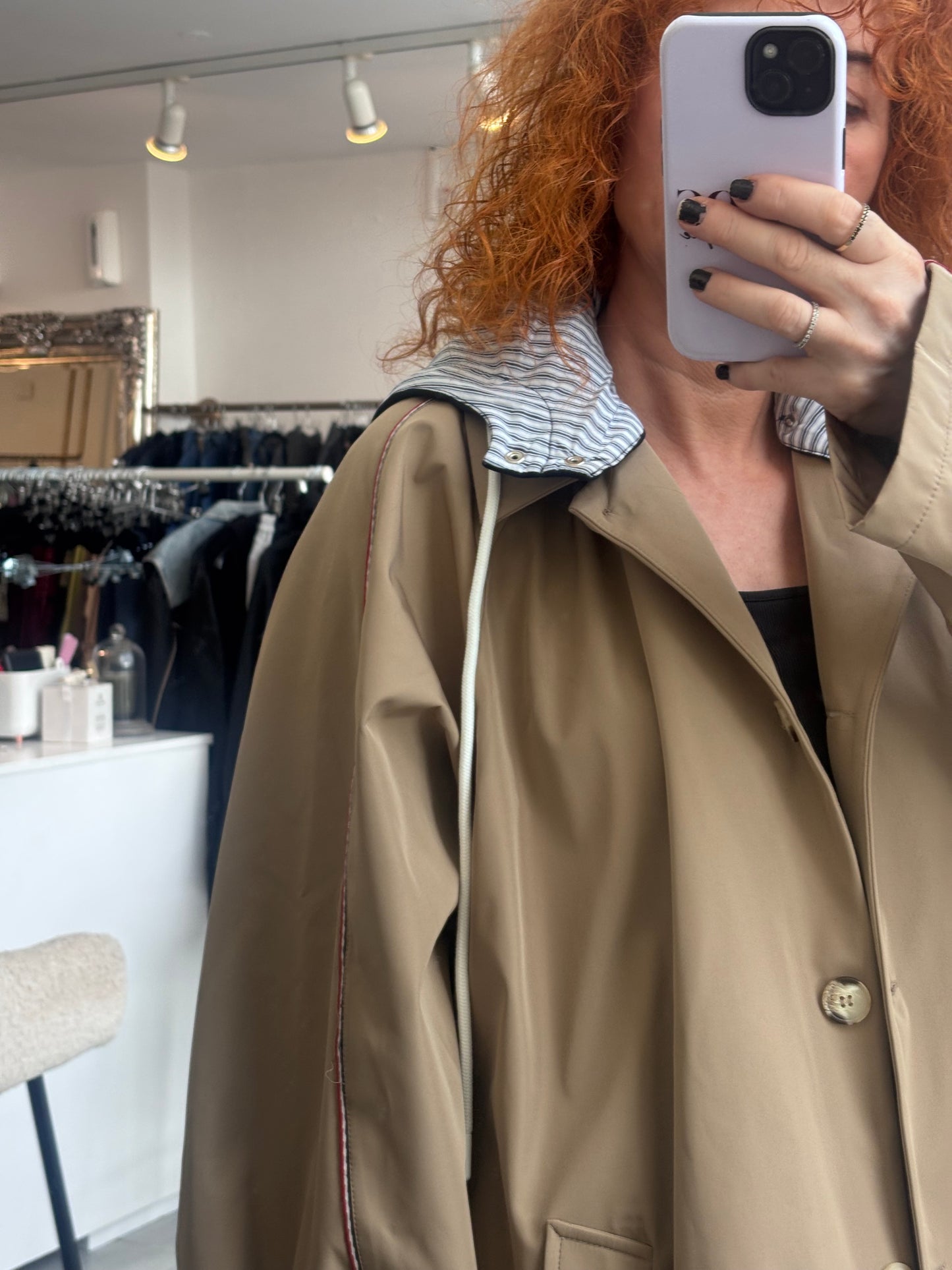 Long beige trench coat with hood