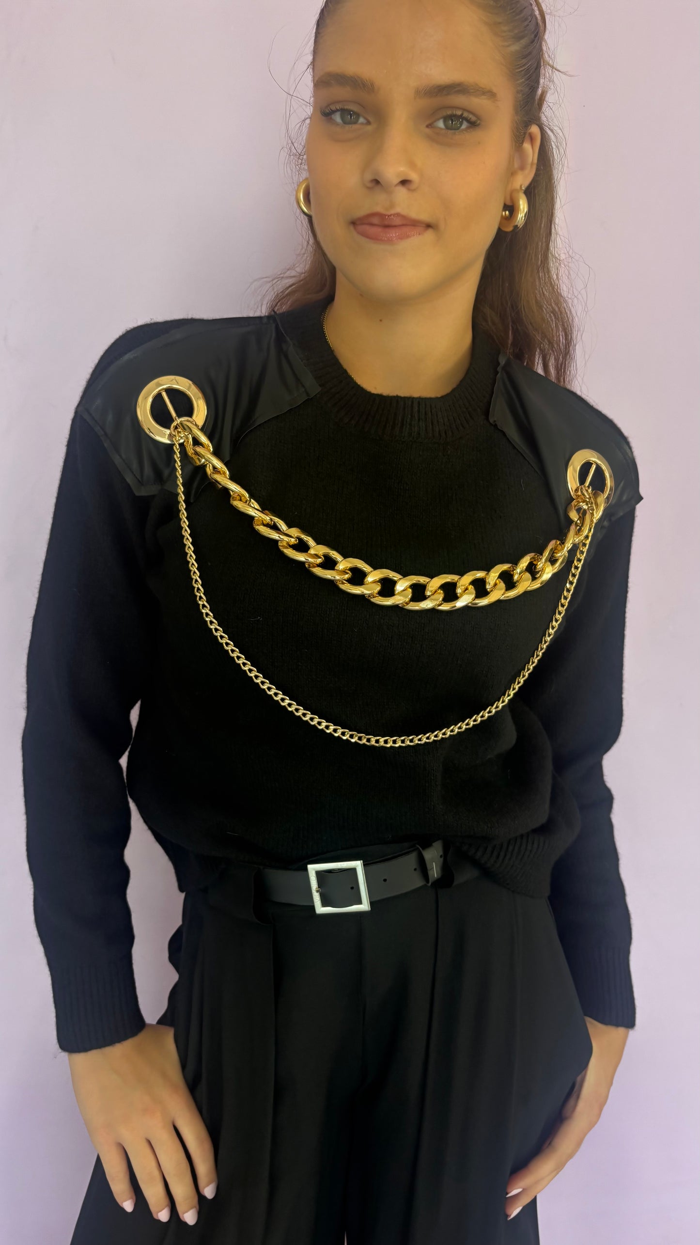 Black knit sweater with chain