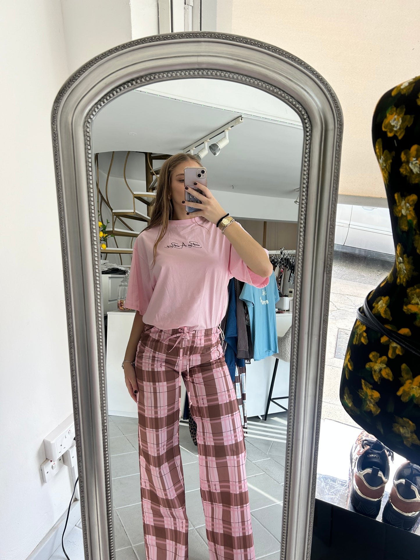 Pink plaid pants with signature print