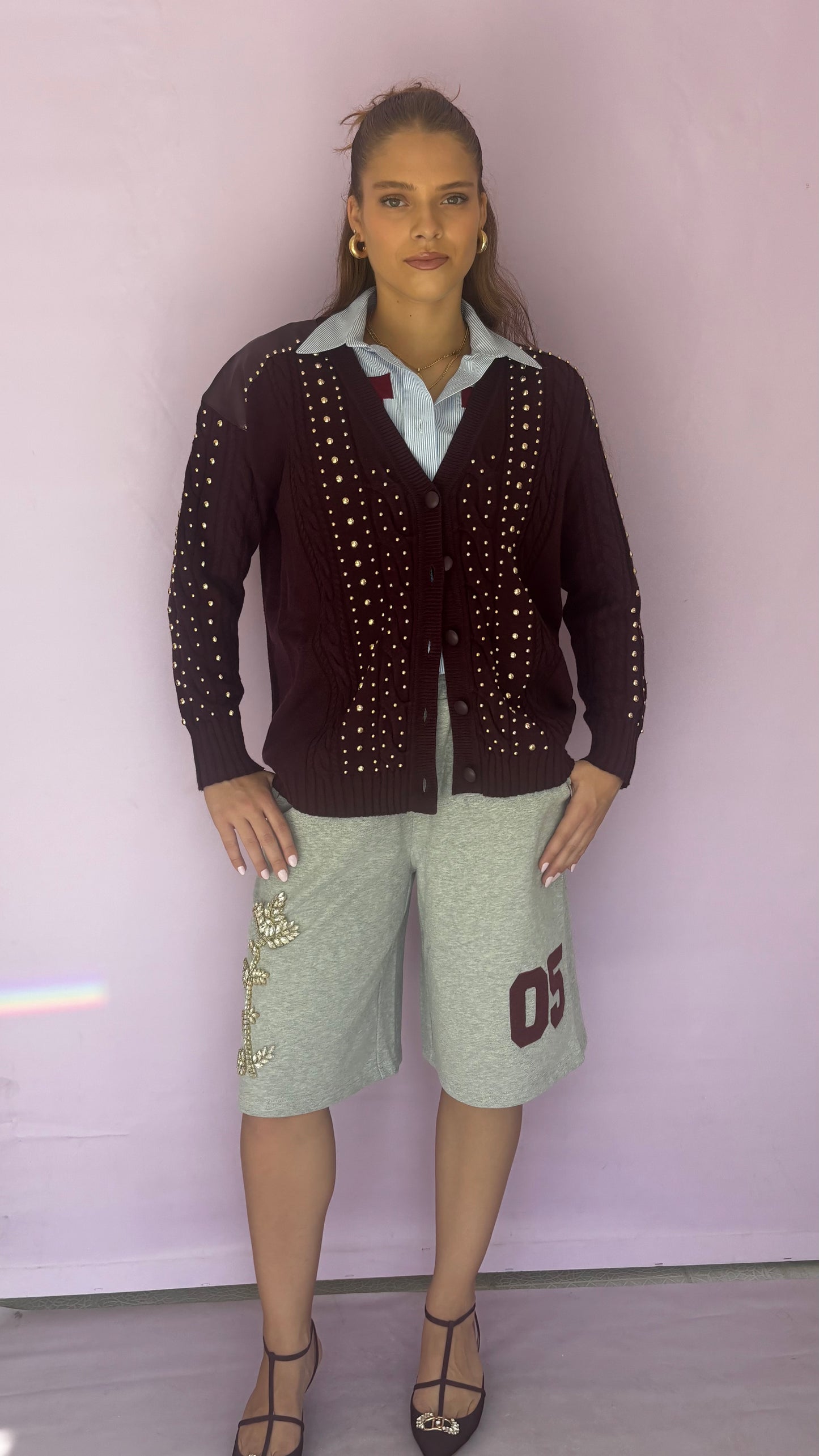 Burgundy cardigan with studs