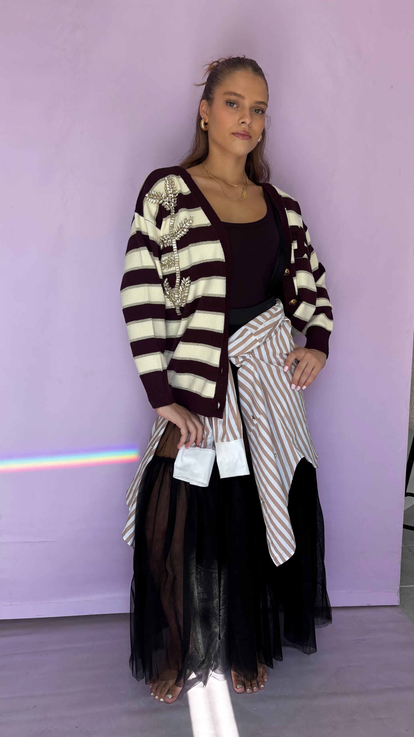 Striped long Cardigan with rhinestones