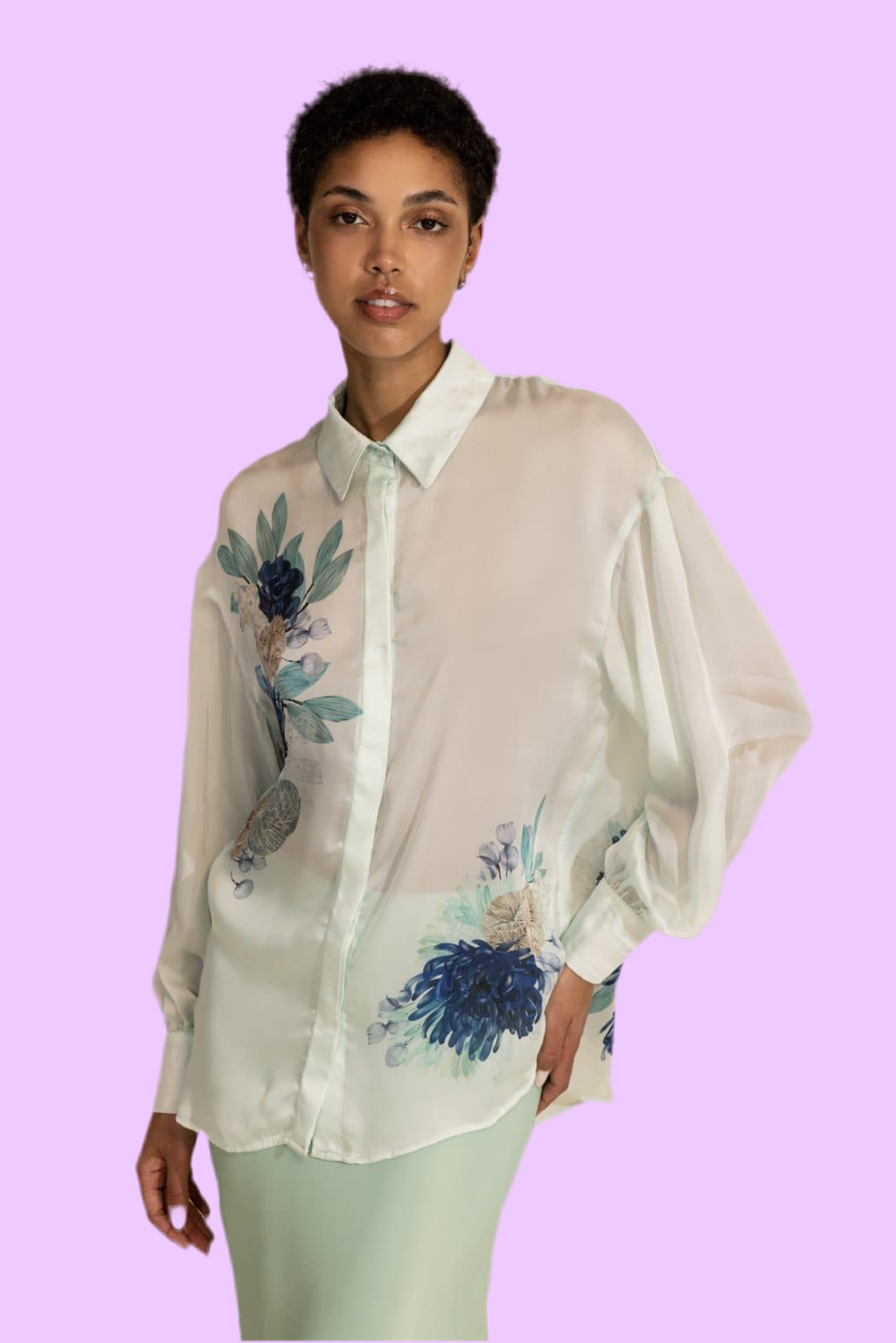 Azure shirt with hand drawn coral print