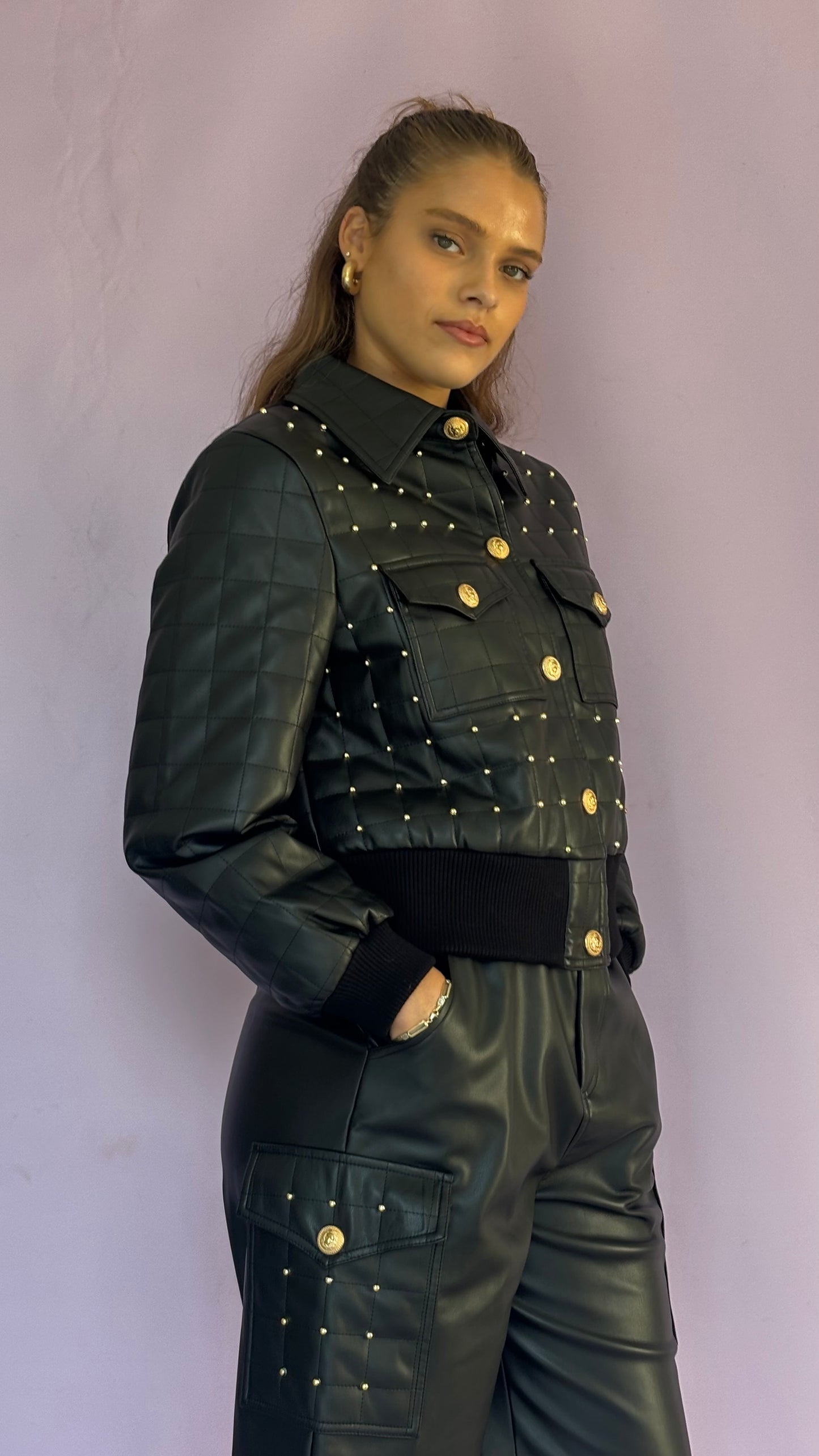 Black eco leather jacket with studs