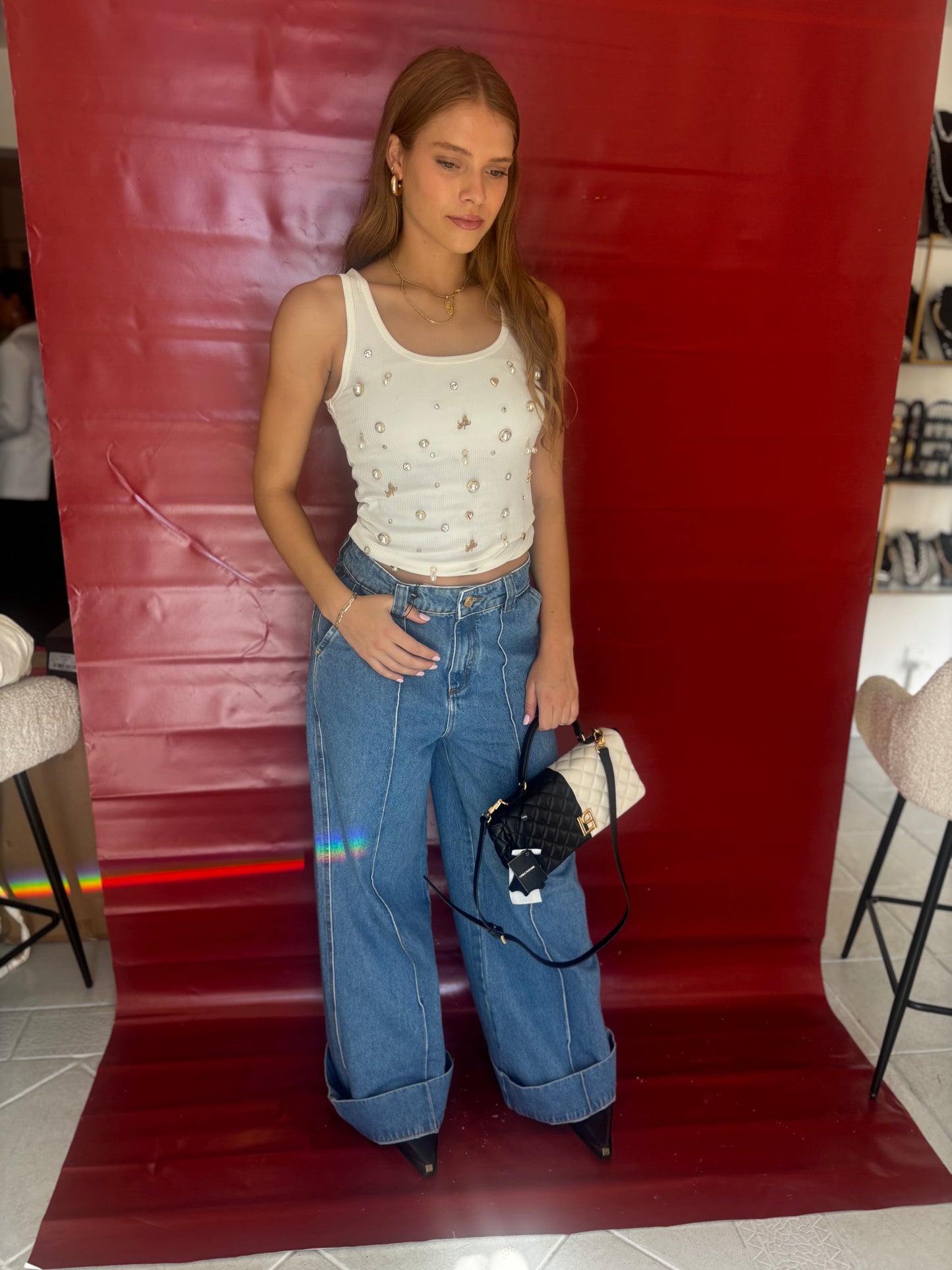 Ribbed tank top with pendants