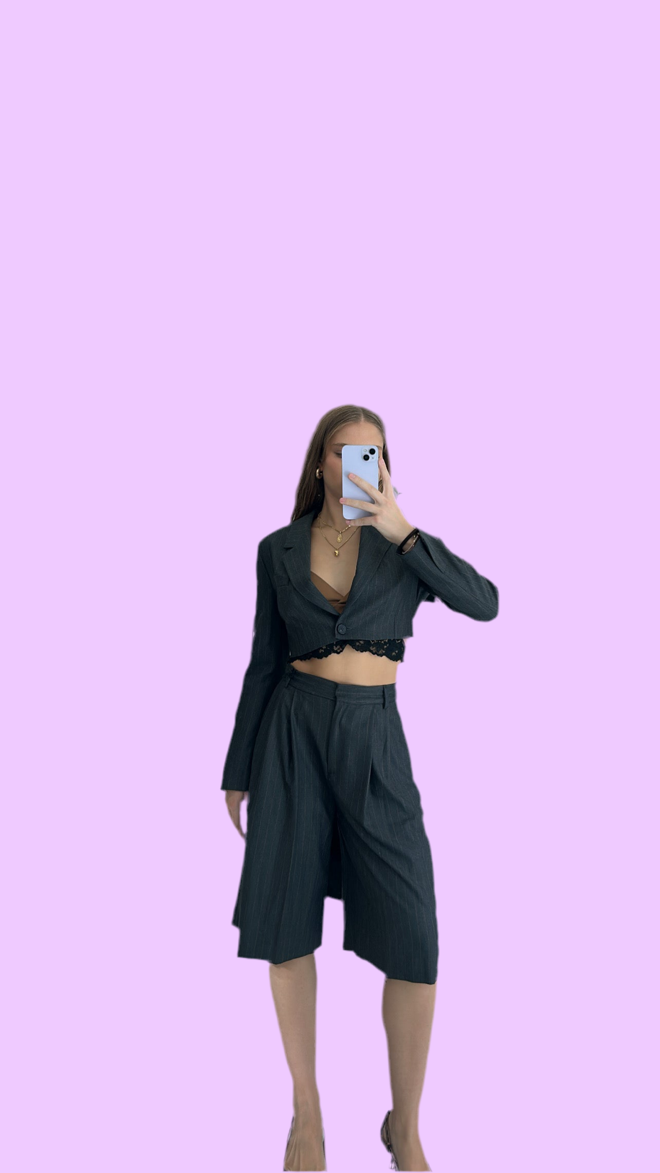 Grey striped below knee bermuda