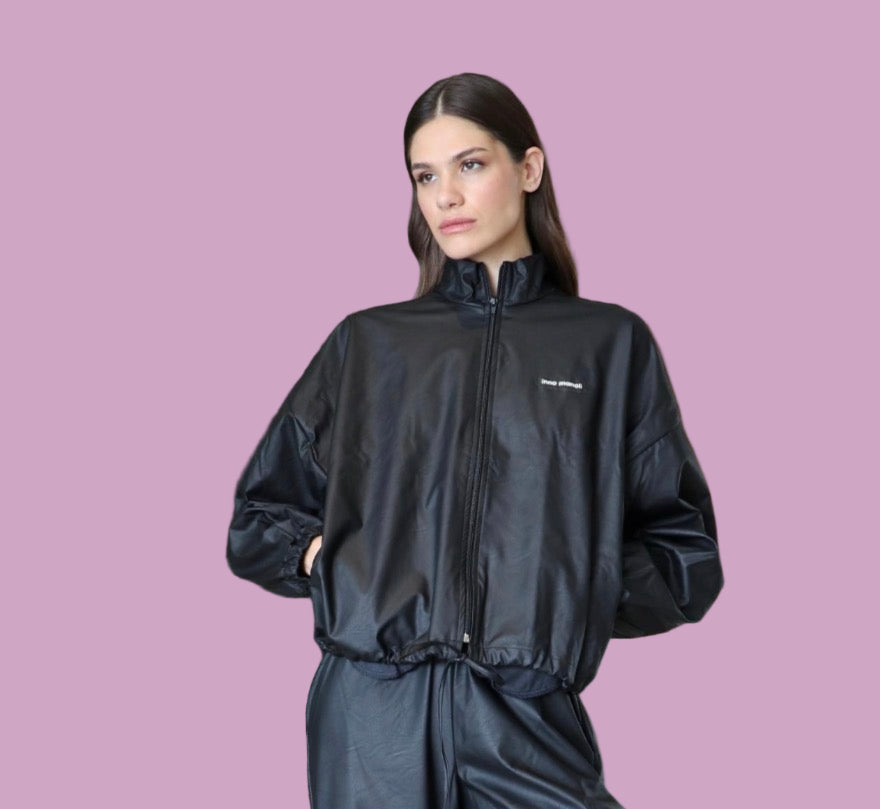 Eco leather jacket with zipper and drawstring