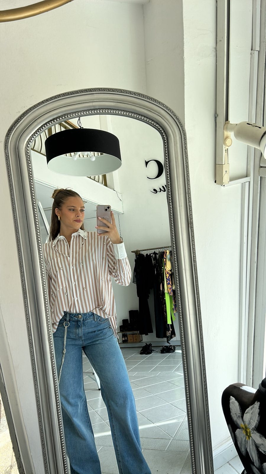 Striped oversize shirt with rhinestones