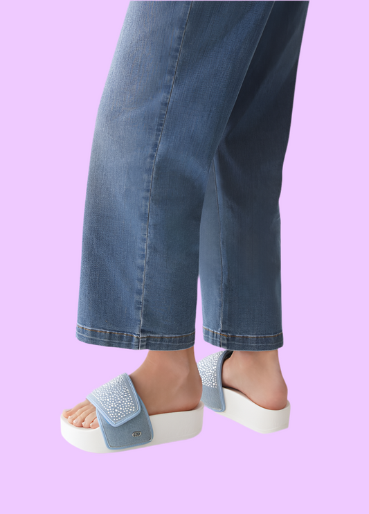 Denim platform sandals with rhinestones