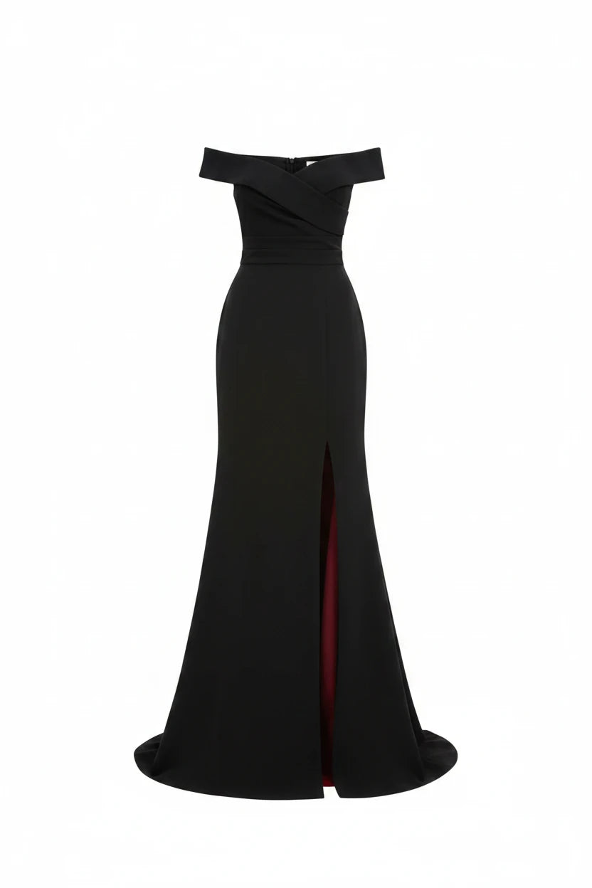 Black offshoulder long dress with a high slit on the side Baroc Boutique 46