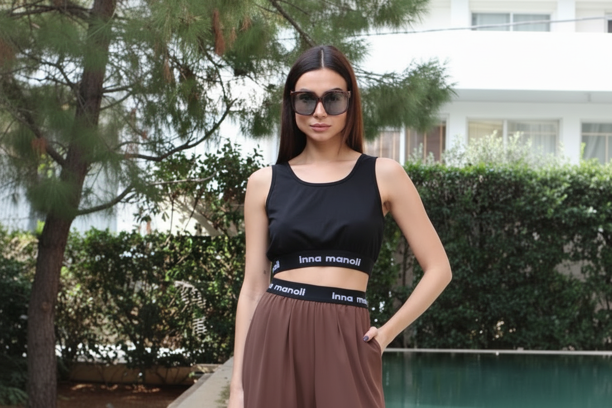 Brown taftan crop top with logo Baroc Boutique