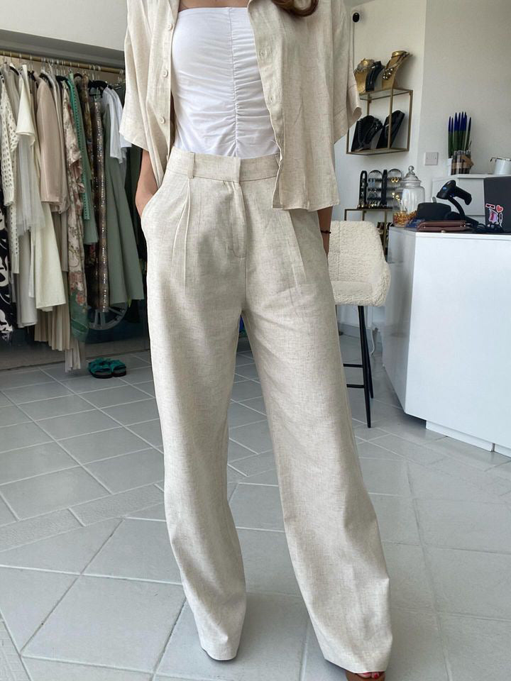 Beige linen wide leg pants Baroc Boutique MEDIUM